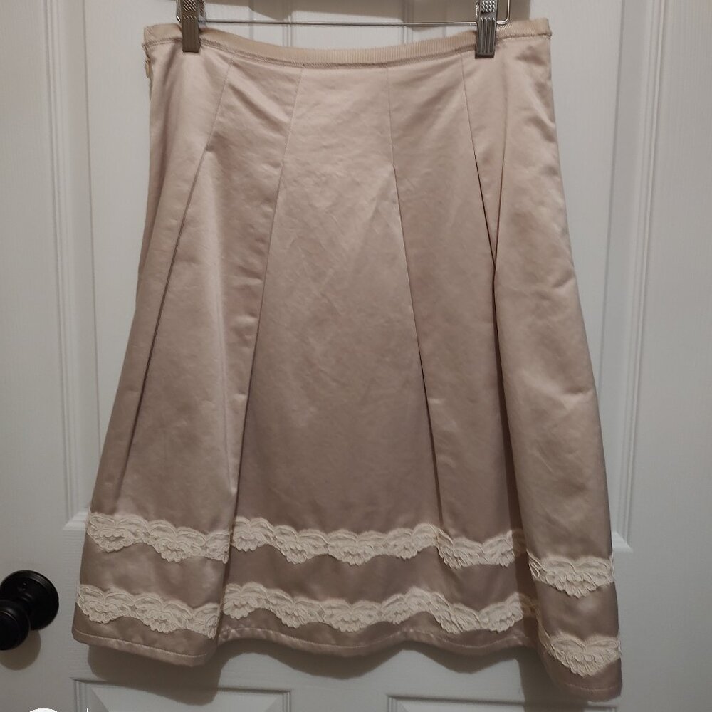 BCBGMAXAZRIA SKIRT POCKETS COTTON BLEND IVORY CUSTOM ALENCON LACE TRIM SZ 8